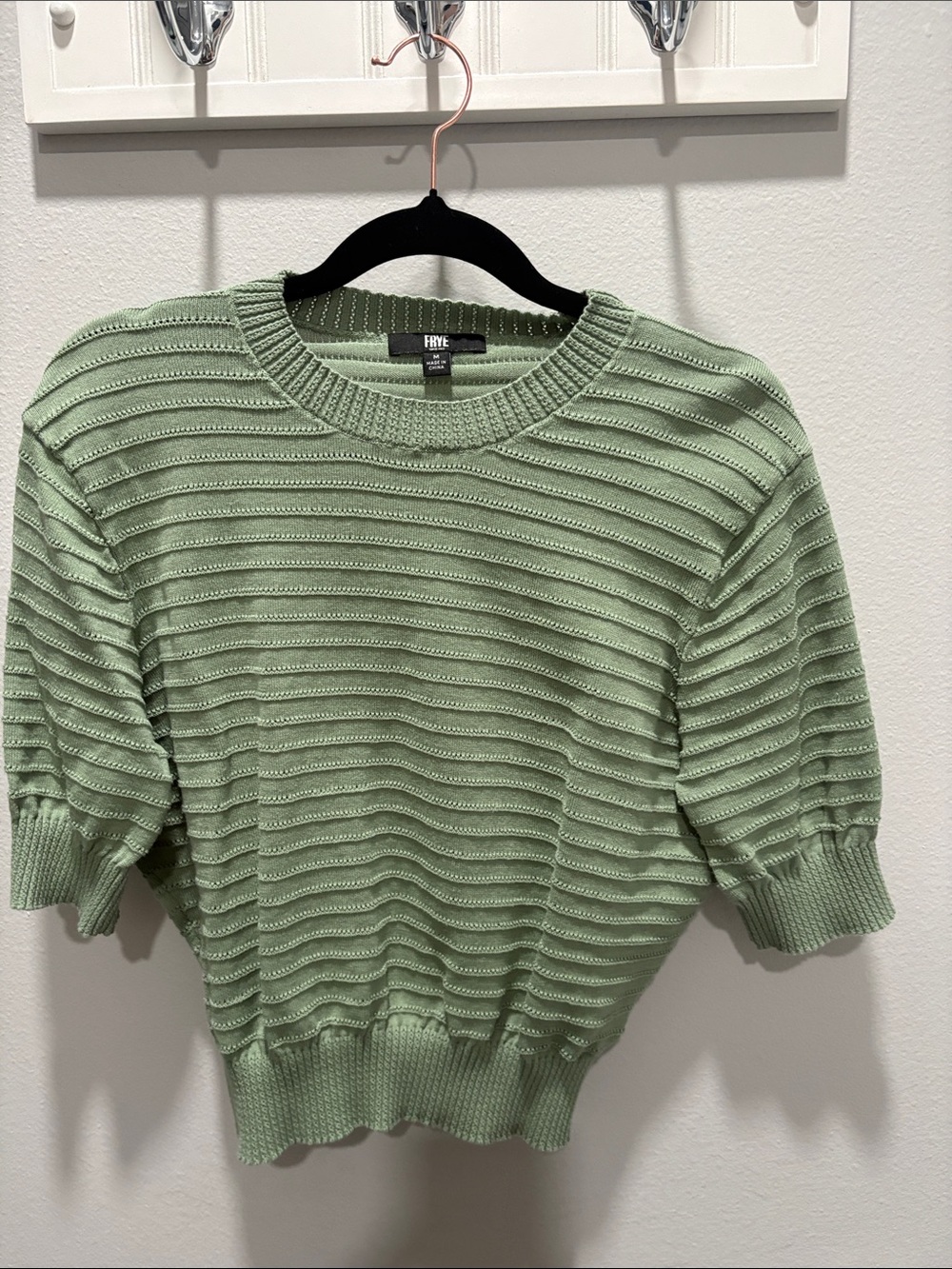 FRYE Sage Green Ribbed Short Sleeve Crewneck Sweater